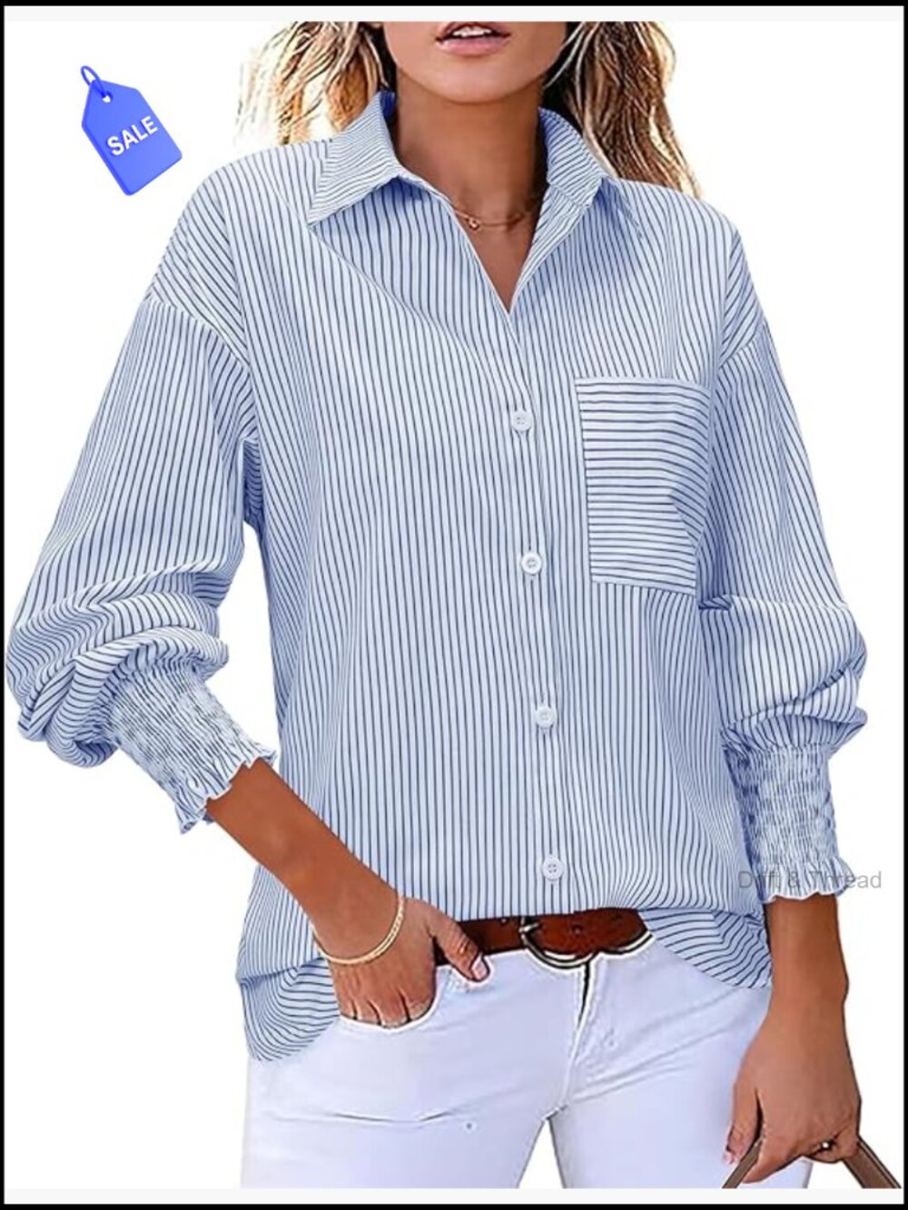Oversized Button Down Shirt with Smocked Cuffs & Pocket